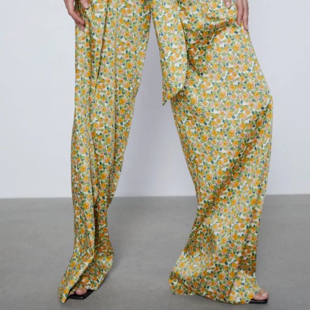 Zara Wide Leg Floral Satin Pants Trousers XS - Picture 3 of 4
